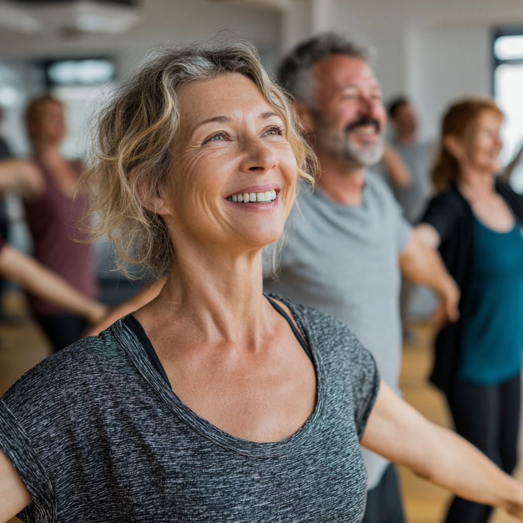 A group of mature adults aged 40-55 participating in a fitness class together, showing smiling faces and active engagement in stretching exercises in a bright, welcoming studio environment